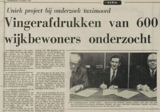 Kranteartikel uit april 1975, Project Vingerafdrukken, uniek voor die tijd.