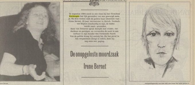 Begin artikel omtrent de moord op Irene Bernet 1984. Rechts de (nooit gevonden) dader?